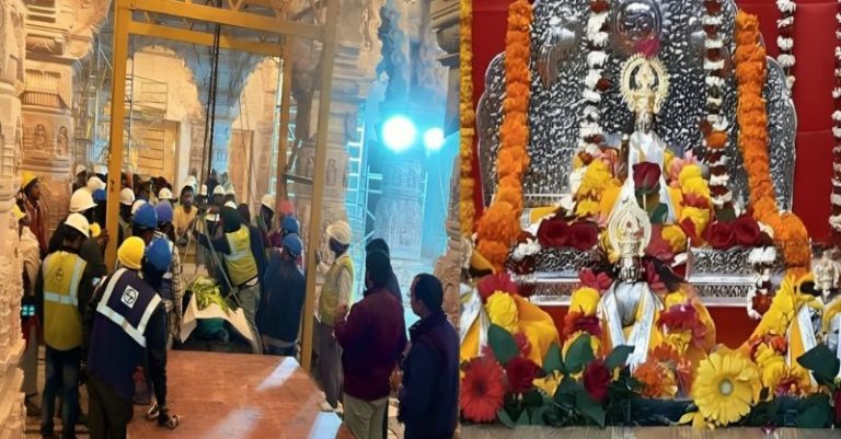 પરિસરમાં ગર્ભગૃહમાં રામલલાની મૂર્તિ અયોધ્યા રામ મંદિર પ્રાણપ્રતિષ્ઠા